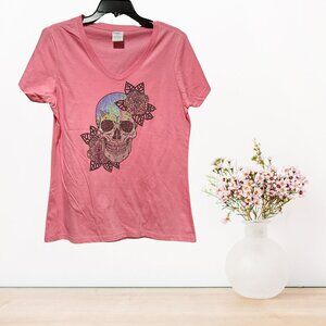 Port Company Fan Favorite T-Shirt Women's Size M Pink Sequin Skull with …